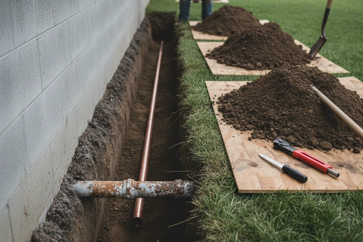 Excavated water line trench during Water Heater Repair in Weir